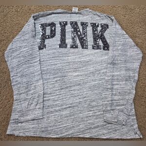 PINK Victoria's Secret Large Bling Sequin Spellout Long Sleeved Pocket Tee